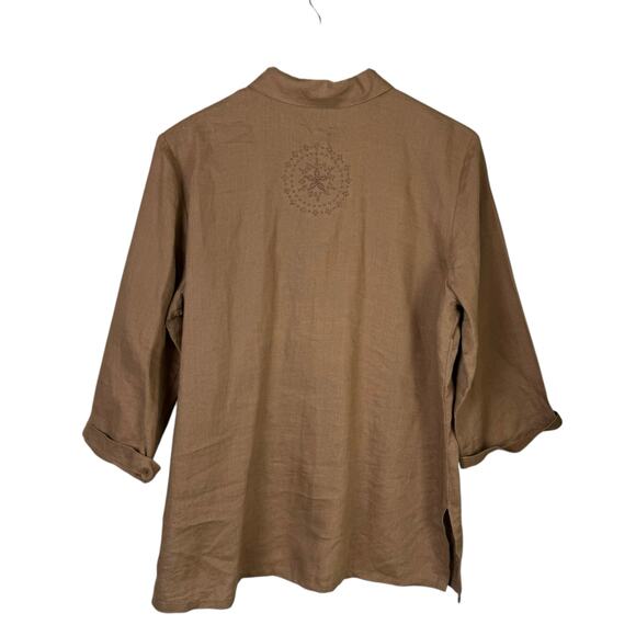 EColOGie Brown 100% Linen Embroidered Medallion Pattern Button Up 3/4 Sleeve Top - Picture 9 of 11